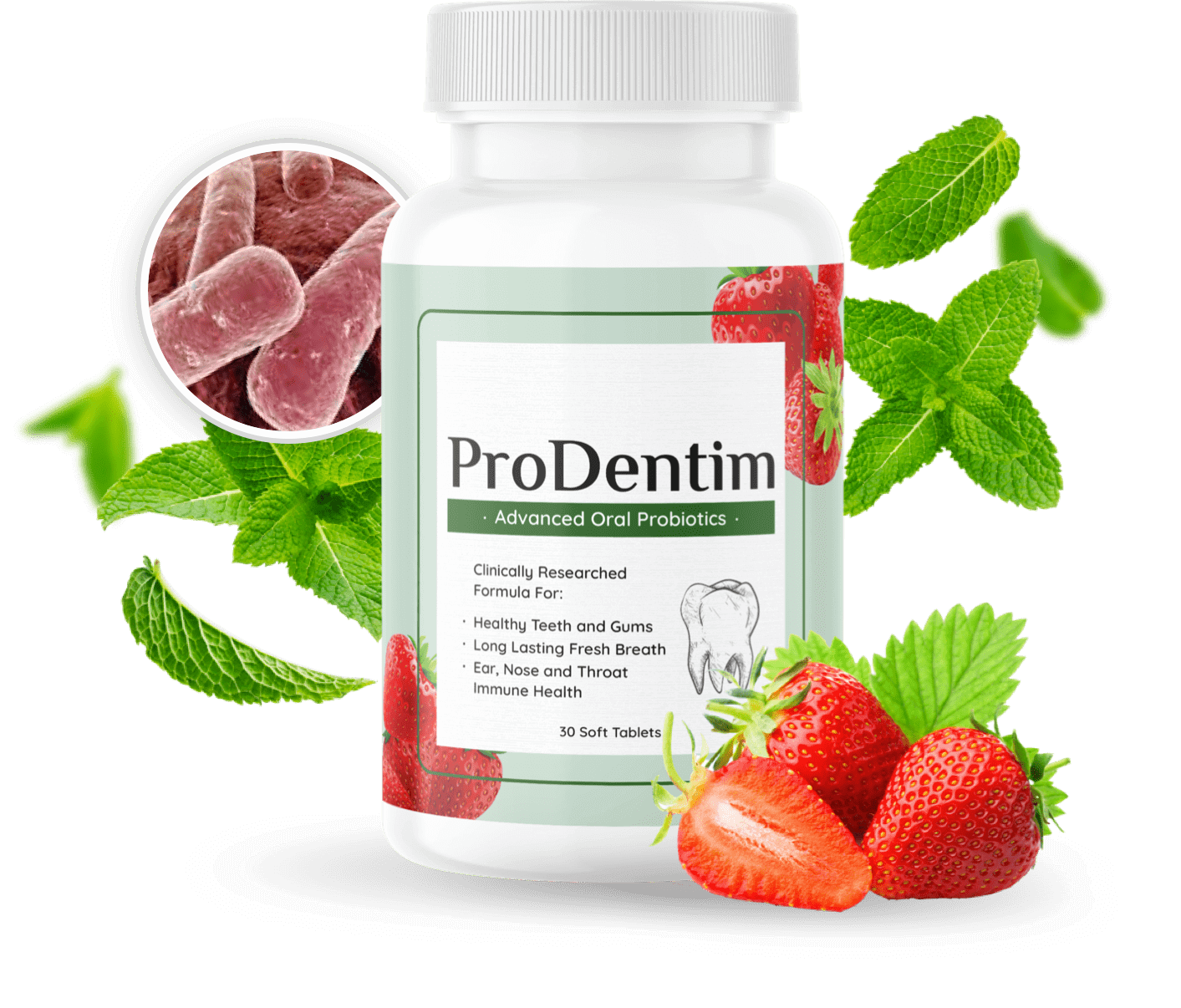 prodentim1Bottle with strawberry and mint leaves